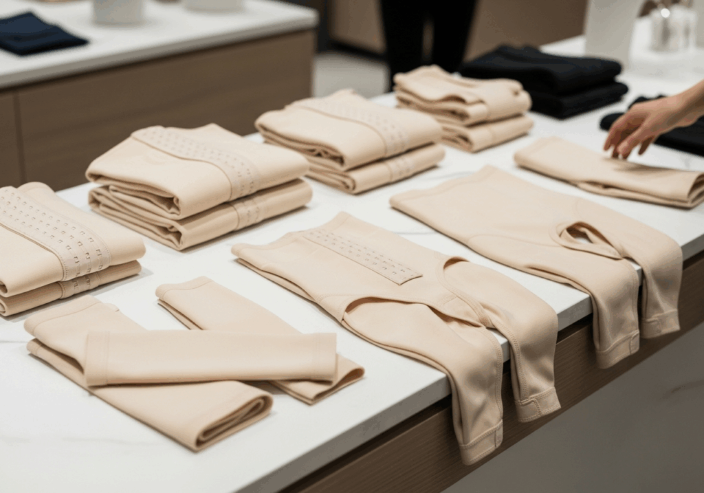 Post-surgery compression garments display including abdominal binders, compression sleeves, and medical-grade shapewear for surgical recovery