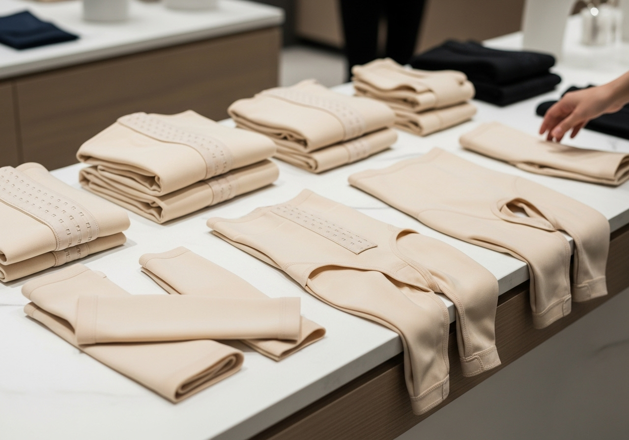 Post-surgery compression garments display including abdominal binders, compression sleeves, and medical-grade shapewear for surgical recovery