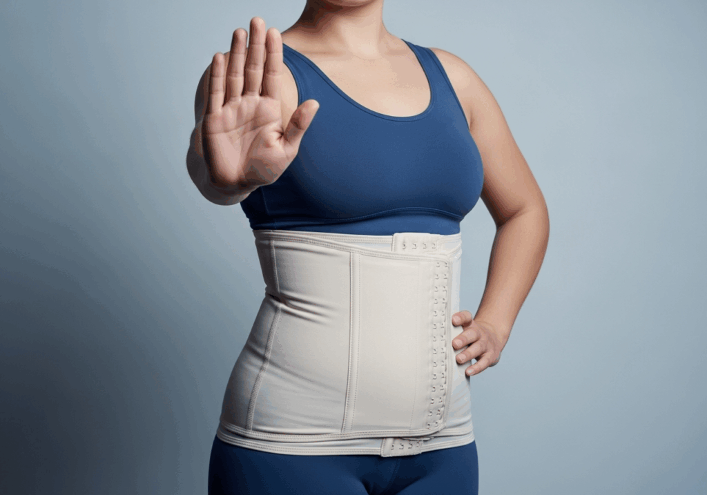 Woman wearing beige shapewear waist trainer making stop gesture showing shapewear myths and truth about body contouring