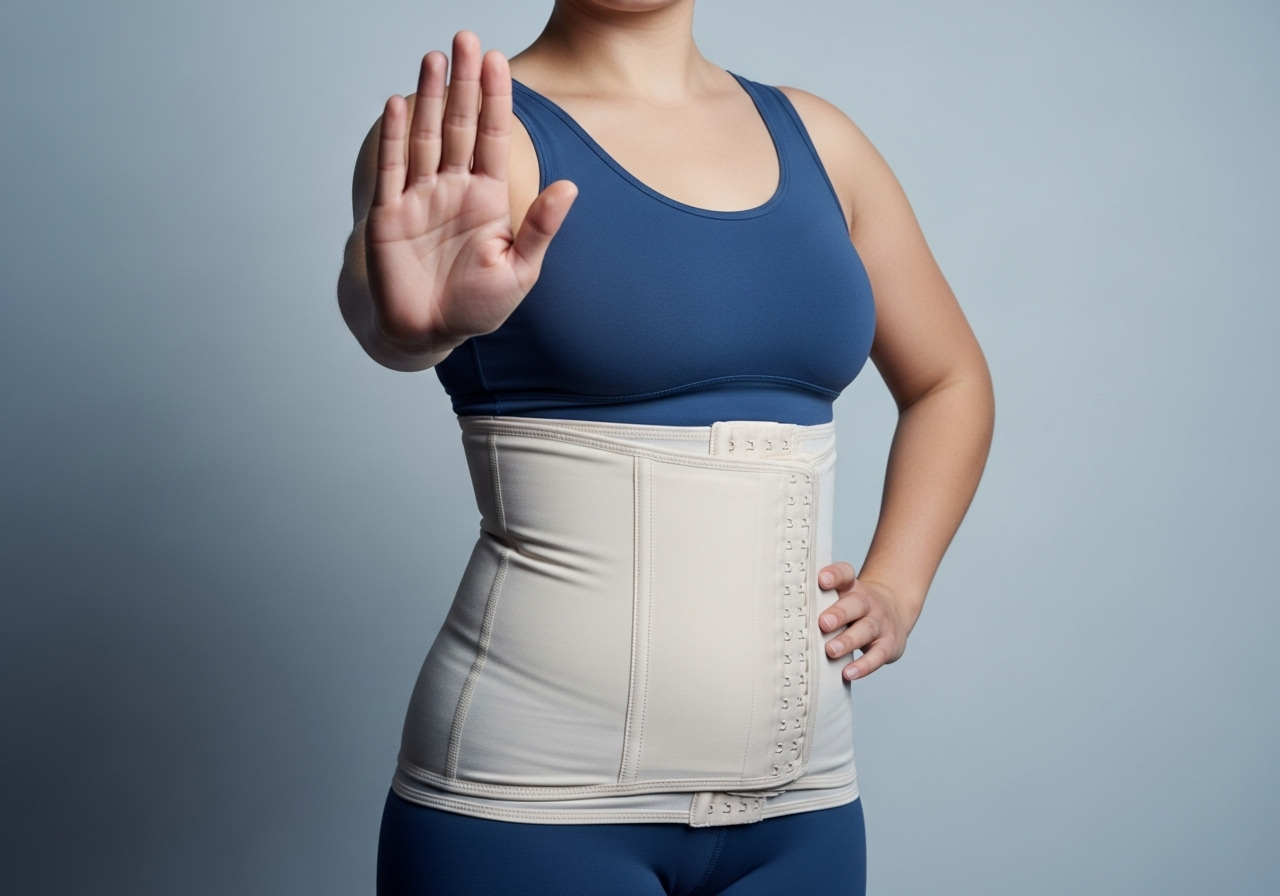 Woman wearing beige shapewear waist trainer making stop gesture showing shapewear myths and truth about body contouring