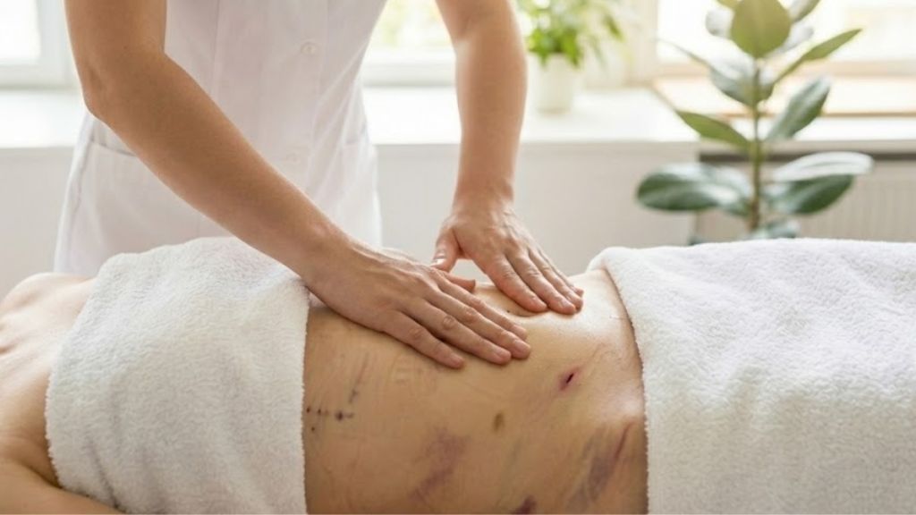 Professional massage therapist in white uniform performing gentle post-surgical lymphatic drainage on abdomen showing proper technique for safe recovery in Broward County